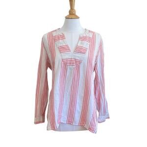 Old Navy Linen Cotton White Pink Stripe Collarless Roll Tab Long Sleeve Tunic XL